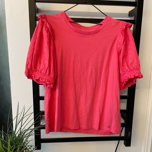 Tommy Hilfiger Women's Puff Sleeve Eyelet Top – Hot Pink (Large) - Picture 2 of 5